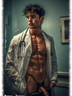 Körper im seitlichen Profil, geöffneter Arztkittel, Juwel der Liebe hängt über geöffneter Hose. Körper im seitlichen Profil, geöffneter Arztkittel, Juwel der Liebe hängt über geöffneter Hose.