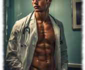 Körper im seitlichen Profil, geöffneter Arztkittel, Juwel der Liebe hängt über geöffneter Hose. Körper im seitlichen Profil, geöffneter Arztkittel, Juwel der Liebe hängt über geöffneter Hose.