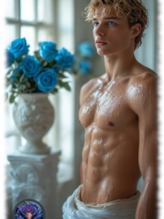 Blonder junger Mann, halb nackt in stehender Pose mit nasser Haut. Blonder junger Mann, halb nackt in stehender Pose mit nasser Haut.