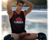 Junger kanadischer Eishockey-Spieler, auf Eis sitzend. zeigt massives erwachtes Zepter der Sehnsucht. Junger kanadischer Eishockey-Spieler, auf Eis sitzend. zeigt massives erwachtes Zepter der Sehnsucht.