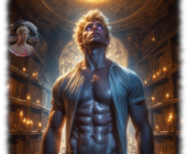 Junger Magier zwischen alten Bücherregalen unter schwebenden Feuerball stehend Junger Magier zwischen alten Bücherregalen unter schwebenden Feuerball stehend