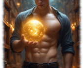 Junger Magier zwischen alten Bücherregalen hält Feuerkugel in einer Hand. Junger Magier zwischen alten Bücherregalen hält Feuerkugel in einer Hand.