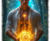 Junger Zauberer mit leuchtenden Augen und schwebenden Feuerball über seine geöffneten Hände. Junger Zauberer mit leuchtenden Augen und schwebenden Feuerball über seine geöffneten Hände.