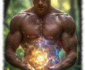 Junger muskulöser Zauberer mit leuchtenden Augen hält Feuerball in seinen Händen. Junger muskulöser Zauberer mit leuchtenden Augen hält Feuerball in seinen Händen.