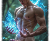 Junger, maskuliner Magier im Wald beschwört eines der Elemente. stolzer Schaft der Sehnsucht und pralle Quellperlen. Junger, maskuliner Magier im Wald beschwört eines der Elemente. stolzer Schaft der Sehnsucht und pralle Quellperlen.