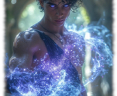 Junger Magier im Wald mit leuchtenden Augen in magisches Licht gehüllt. Junger Magier im Wald mit leuchtenden Augen in magisches Licht gehüllt.