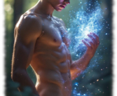 Junger Magier, nackt im Wald beschwört eines der Elemente. aufstrebende Flamme und Mondperlen im Seitenprofil. Junger Magier, nackt im Wald beschwört eines der Elemente. aufstrebende Flamme und Mondperlen im Seitenprofil.