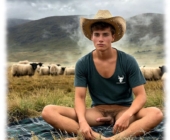 Junger Farmer auf Decke breitbeinig sitzend, steifer Schalkstab ragt nach vorn. Junger Farmer auf Decke breitbeinig sitzend, steifer Schalkstab ragt nach vorn.