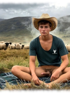 Junger Farmer auf Decke breitbeinig sitzend, steifer Schalkstab ragt nach vorn. Junger Farmer auf Decke breitbeinig sitzend, steifer Schalkstab ragt nach vorn.