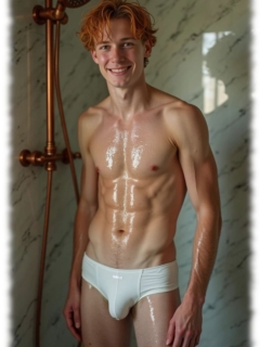 Ginger Men unter Dusche, lustvoller Hügel im nassen Slip, nasse Haut, nett lächelnd. Ginger Men unter Dusche, lustvoller Hügel im nassen Slip, nasse Haut, nett lächelnd.