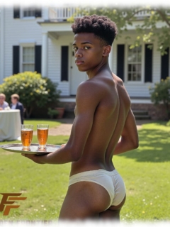 Dunkelhäutiger Twink, mit Tablett im Garten, Pants bedecken den Po. Dunkelhäutiger Twink, mit Tablett im Garten, Pants bedecken den Po.