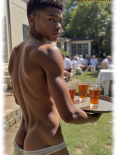 Dunkelhäutiger Twink, mit Tablett im Garten, Pants halb herunter gezogen. Dunkelhäutiger Twink, mit Tablett im Garten, Pants halb herunter gezogen.