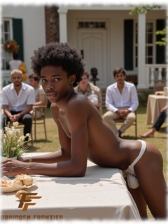 Dunkelhäutiger Twink, auf Tisch lehnend im Garten, Jocks mit provokantem Zeichen. Dunkelhäutiger Twink, auf Tisch lehnend im Garten, Jocks mit provokantem Zeichen.