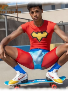 Dunkelhäutiger Twink auf Skate-Board hockend, Erregung und Fruchtknollen formen sich sichtbar Dunkelhäutiger Twink auf Skate-Board hockend, Erregung und Fruchtknollen formen sich sichtbar