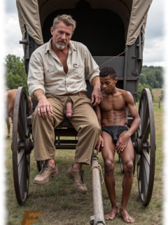 Dunkelhäutiger und Weißer auf Pferdewagen, Weißer mit geöffneter Hose, Schalkstab hängt heraus. Dunkelhäutiger und Weißer auf Pferdewagen, Weißer mit geöffneter Hose, Schalkstab hängt heraus.