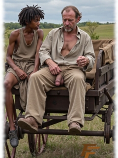 Dunkelhäutiger und Weißer auf Pferdewagen, Weißer mit geöffneter Hose, Gauklerstab hängt heraus. Dunkelhäutiger und Weißer auf Pferdewagen, Weißer mit geöffneter Hose, Gauklerstab hängt heraus.