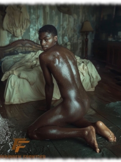 Nackter dunkelhäutiger Twink vor Bett knieend, Po leicht nach hinten gestreckt. Nackter dunkelhäutiger Twink vor Bett knieend, Po leicht nach hinten gestreckt.