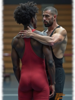 Zwei junger Männer in Sportler-Outfit, leichte Berührung im Nacken. Zwei junger Männer in Sportler-Outfit, leichte Berührung im Nacken.