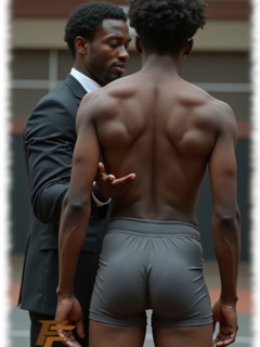 Zwei dunkelhäutige junger Männer, einer im Anzug, anderer zeigt prallen Po in seinen Shorts. Zwei dunkelhäutige junger Männer, einer im Anzug, anderer zeigt prallen Po in seinen Shorts.