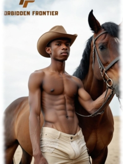 Nackter dunkelhäutiger Twink in Prärie mit Pferd, Stoff der Hose spannt sich auffällig. Nackter dunkelhäutiger Twink in Prärie mit Pferd, Stoff der Hose spannt sich auffällig.