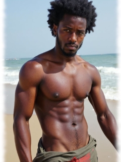 Dunkelhäutiger junger Mann am Strand, mit geformter Stelle im Gewebe. Dunkelhäutiger junger Mann am Strand, mit geformter Stelle im Gewebe.