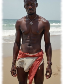 Dunkelhäutiger junger Mann am Strand, mit einem Hauch von Härte im weichen Stoff. Dunkelhäutiger junger Mann am Strand, mit einem Hauch von Härte im weichen Stoff.