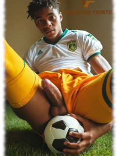 Dunkelhäutiger Twink, sitzend mit eisernem Zepter, drückt Fußball gegen seine kraftvollen Kugeln. Dunkelhäutiger Twink, sitzend mit eisernem Zepter, drückt Fußball gegen seine kraftvollen Kugeln.