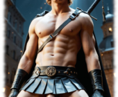 Ritter mit Schwert auf dem Rücken, Lendenschutz offen, Lanze des Verlangens sichtbar. Ritter mit Schwert auf dem Rücken, Lendenschutz offen, Lanze des Verlangens sichtbar.