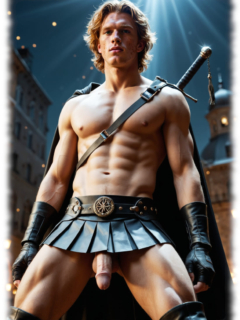 Ritter mit Schwert auf dem Rücken, Lendenschutz offen, Lanze des Verlangens sichtbar. Ritter mit Schwert auf dem Rücken, Lendenschutz offen, Lanze des Verlangens sichtbar.