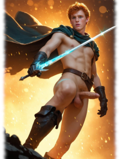 Rothaariger Kämpfer im Siegestaumel, Schwert, pralle Freudenäpfel und Luststab erhoben. Rothaariger Kämpfer im Siegestaumel, Schwert, pralle Freudenäpfel und Luststab erhoben.