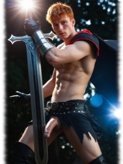 Held packt Schwertgriff – und seine eigener Luststab schiebt sich leicht hervor. Held packt Schwertgriff – und seine eigener Luststab schiebt sich leicht hervor.