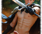 Nackter Held im Morgengrauen, Flammenlanze ragt gen Himmel. Nackter Held im Morgengrauen, Flammenlanze ragt gen Himmel.