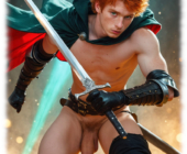 Rothaariger Krieger beugt sich vor, Juwel der Liebe ruht schwer zwischen seinen Beinen. Rothaariger Krieger beugt sich vor, Juwel der Liebe ruht schwer zwischen seinen Beinen.