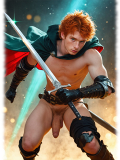 Rothaariger Krieger beugt sich vor, Juwel der Liebe ruht schwer zwischen seinen Beinen. Rothaariger Krieger beugt sich vor, Juwel der Liebe ruht schwer zwischen seinen Beinen.