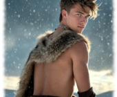 Nahaufnahme, Junger Krieger mit rückwärtsgewandtem Blick in Winterlandschaft. Nahaufnahme, Junger Krieger mit rückwärtsgewandtem Blick in Winterlandschaft.