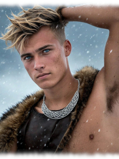 Portrait, Odin´s Sohn mit blauen Augen und Fellumhang im Schneegestöber. Portrait, Odin´s Sohn mit blauen Augen und Fellumhang im Schneegestöber.