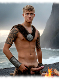 Nackter nordischer Krieger mit mächtigen unerschütterliche Mast am Strand. Nackter nordischer Krieger mit mächtigen unerschütterliche Mast am Strand.