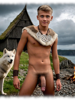 Junger Krieger mit Fell über Schultern, nackter Körper mit sehr üppigen Wegweiser ins Traumland und Wolf als Begleiter. Junger Krieger mit Fell über Schultern, nackter Körper mit sehr üppigen Wegweiser ins Traumland und Wolf als Begleiter.