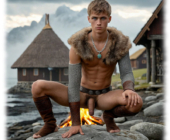 Odin’s Sohn hockt mit gespreizten Beinen auf großem Stein, Feuer im Hintergrund betont hängendes Lustpendel. Odin’s Sohn hockt mit gespreizten Beinen auf großem Stein, Feuer im Hintergrund betont hängendes Lustpendel.