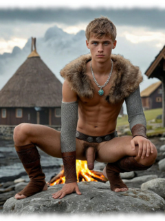 Odin’s Sohn hockt mit gespreizten Beinen auf großem Stein, Feuer im Hintergrund betont hängendes Lustpendel. Odin’s Sohn hockt mit gespreizten Beinen auf großem Stein, Feuer im Hintergrund betont hängendes Lustpendel.