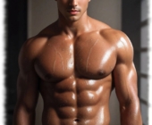 Maskuliner Mann, durchtrainiert mit nasser Haut in der Dusche stehend. Maskuliner Mann, durchtrainiert mit nasser Haut in der Dusche stehend.