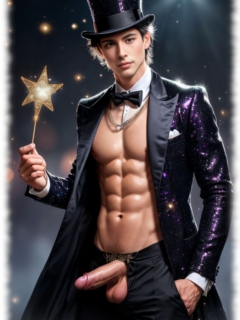 Körper frontal, aufgerichteter Kelch der Lust und die Herkulesbällchen ragen aus geöffneter Hose. Körper frontal, aufgerichteter Kelch der Lust und die Herkulesbällchen ragen aus geöffneter Hose.