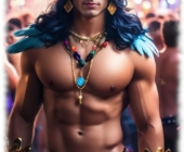 Junger Mann mit Maske und freiem Oberkörper im Karnevals-Outfit. Junger Mann mit Maske und freiem Oberkörper im Karnevals-Outfit.