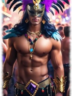 Junger Mann mit Maske und freiem Oberkörper im Karnevals-Outfit. Junger Mann mit Maske und freiem Oberkörper im Karnevals-Outfit.