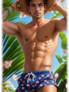 Junger Mann mit Händen am Strohhut, durchtrainierter, freier Oberkörper. Junger Mann mit Händen am Strohhut, durchtrainierter, freier Oberkörper.