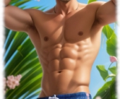 Junger Mann mit Händen am Strohhut, durchtrainierter, freier Oberkörper. Junger Mann mit Händen am Strohhut, durchtrainierter, freier Oberkörper.