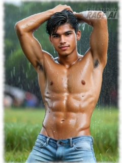 Twink mit durchtrainiertem freien Oberkörper im Regen stehend, Hände über dem Kopf. Twink mit durchtrainiertem freien Oberkörper im Regen stehend, Hände über dem Kopf.