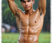 Twink mit durchtrainiertem freien Oberkörper im Regen stehend, Hände über dem Kopf. Twink mit durchtrainiertem freien Oberkörper im Regen stehend, Hände über dem Kopf.