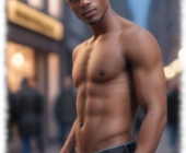 Seitenprofil. Dunkelhäutiger Twink mit freiem Oberkörper und Hand in der Hosentasche. Seitenprofil. Dunkelhäutiger Twink mit freiem Oberkörper und Hand in der Hosentasche.