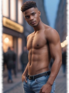 Seitenprofil. Dunkelhäutiger Twink mit freiem Oberkörper und Hand in der Hosentasche. Seitenprofil. Dunkelhäutiger Twink mit freiem Oberkörper und Hand in der Hosentasche.